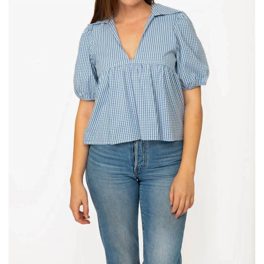 NEW CAMEO retro collar gingham blouse in blue